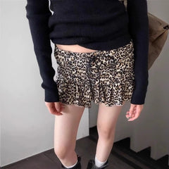 Lunivop Sexy Leopard Print Mini Skirt Women Y2k Vintage Harajuku Ruffle Short Skirts Korean Style Retro Lace Up Layered Skirt