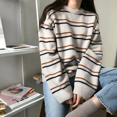 Lunivop Women Pullovers Crew-Neck Knitted Jumper New Student Striped Sweater Aesthetic Outfit