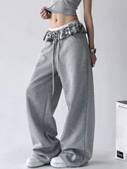 Lunivop Chic Bright Silk Patchwork Sweatpants Women Loose Streetwear High Waist Casual Pant Fashion Pockets Fall American Gray Trousers