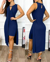 Lunivop Dresses for Women Summer Fashion Keyhole Neck Sleeveless Cutout O-Ring Decor Slit Asymmetrical Casual Dress Clothing