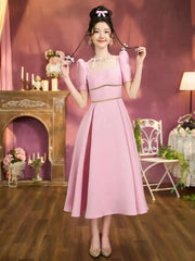 Lunivop Solid Hollow Beaded Design Long Dresses For Women Square Collar High Waist Elegant Dress Female 2025 New Clothing