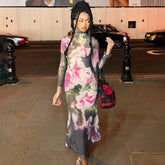 Lunivop Y2K Sexy Floral Print Backless Bandage Bodycon Mesh Sheer Party Dresses Fashion Lace-Up Long Sleeve Long Dresses Women