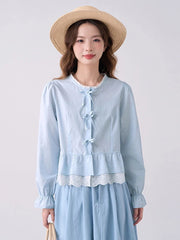 Lunivop Cute Bow Sweet Shirts Women Korean Fashion Lace Patchwork Blue Blouse Preppy Style Casual Elegant Female Long Sleeve Tops