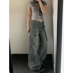 Lunivop Women's Blue Y2k Cargo Jeans Harajuku Denim Trousers Aesthetic Oversize Jean Pants Vintage Japanese 2000s Style Trashy Clothes