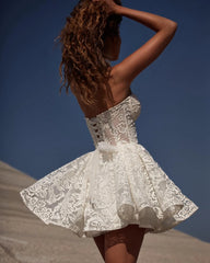 Lunivop Luxury Strapless Mini Lace Printing Wedding Party Dress Above Knee Lace & Tulle Pearls Prom Dress For Bridal Ever Pretty