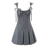 Lunivop Women Sleeveless Dress Pleated Mini Dresses Party Robe Gray Black Chest Bow Strap