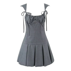 Lunivop Women Sleeveless Dress Pleated Mini Dresses Party Robe Gray Black Chest Bow Strap