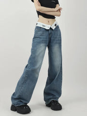 Lunivop Y2k Vintage Women Jeans Flanged Design Harajuku High Waist Korean Fashion Denim Pants Baggy Wide Leg Streetwear Spring