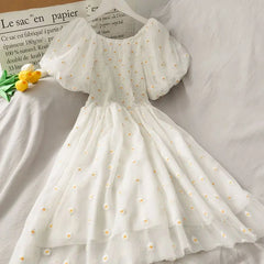 Lunivop Sweet Fresh Folds Lolita Summer Patchwork Slash Neck Printing Gauze Fashion Slim Elegant Comfortable Puff Sleeve Dresses the dress black dress white dress
