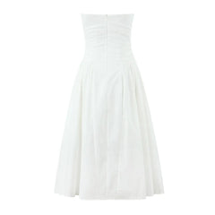 Lunivop Sexy White Slash Collar Backless Midi Long Strapless Dress Women Pleated Folded Low Waist Pleated Ruched Hem Swing Party Robe