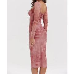Lunivop Sexy Mesh Spliced Lace Low Chest Corset Style Midi Dress Tie-dye News Paper letter Print Long Sleeve Package Hips Party Dresses