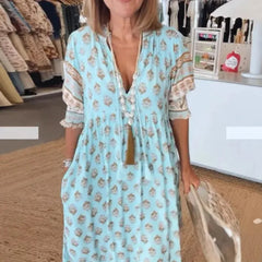 Lunivop Spring Bohemian Women Dresses Long Floral V-neck Short Sleeve Loose A-line Dresses Female New Elegant Trendy Ladies Clothe