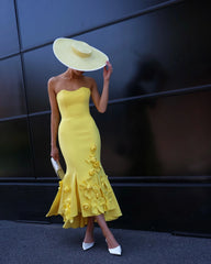Lunivop Fashion Yellow Mermaid Prom Dresses Strapless Women Trumpet Gowns For Wedding Party Ankle Length Flower Gala Dress Black Girls