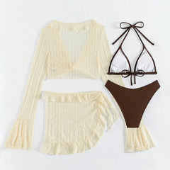 Lunivop Sexy Four-piece Women Swimsuit Long-sleeve Cover-up Swimwear Summer Solid Bikini Set Brazilian Beachwear Party bathing suit