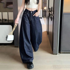 Lunivop Vintage Washed Wide Leg Jeans Women Deep Blue High Waist Baggy Y2K Denim Pants Lady Streetwear Casual Straight Trousers