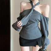 Lunivop Off-shoulder Contrast Color Striped Sexy Long Sleeve Shirt Women Autumn New High Street Loose Casual Lace-up Halter Tops