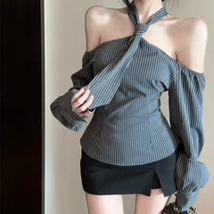Lunivop Off-shoulder Contrast Color Striped Sexy Long Sleeve Shirt Women Autumn New High Street Loose Casual Lace-up Halter Tops