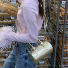 Lunivop Hot Girls Gold Messenger Bag Purse Women High Street Handle Cylinder Crossbody Bags Female Retro Y2k Hand Bag Aesthetic