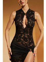 Lunivop Sexy Hollow Out High Slit Lace Women Maxi Dress Black See Through Evening Dress Female Autumn New Elegant Party Clubwear