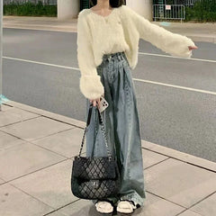 Lunivop Vintage Blue baggy Jeans Women Korean High Wiast Loose Denim Wide Leg Pants Woman Autumn Winter Streetwear Trousers