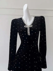 Lunivop French Velvet Diamonds Spliced Black Maxi Dresses For Women V-Neck Lantern Long Sleeve Evening Dress 2025 New Autumn