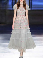 Lunivop Solid Big Swing Heavy Industry Mesh Embroidery Women's Dresses Round Neck Short Sleeve High Waist Dress Summer 2025