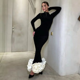 Lunivop Autumn Winter Maxi Dress for Women Fashion Flower Slim Evening Party Dresses Black Elegant Long Sleeve Christmas Outfits