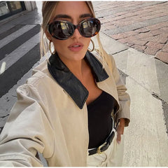 Lunivop Panelled Polo Turn-down Collar Jackets Women Casual Loose Zipper Long Sleeved Jacket Female Autumn Chic High Street Outwear Tops
