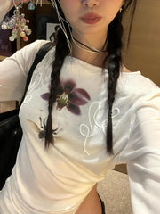 Lunivop Y2k Printed Off Shoulder T-shirt Sweet Transparent White Long Sleeve T-Shirts Korean Fashion Casual Loose Tops Slim Up