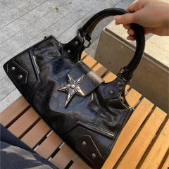 Lunivop Retro Black Y2k Hand Bag Purse Women Vintage Punk Leather Handle Underarm Bag Female Harajuku Hot Girl Purse Tote Bags