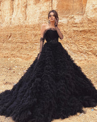 Lunivop Strapless Black Tulle Ball Gown Ruffled Layered Custom Floor Length Woman Evening Dresses Custom Made Plus Size Wedding Dresses