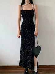 Women Summer Sexy Bodycon Dress Lady Sexy Spaghetti Strap Sleeveless Split Sheath Floral Dress Maxi Black Vestidos