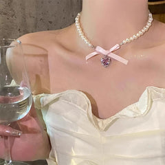 Lunivop Korean Trendy Sweet Bling Heart Pendant Pearl Beaded Necklace for Women Elegant Niche Design Party Jewelry Gifts