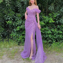 Lunivop Luxury Sequin Women's Evening Dress Off Shoulder Sweetheart Lilac Wedding Guest Gowns A Line Slit Elegant Prom Gowns