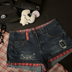 Lunivop Y2k Low-waist Plaid Patchwork Jeans for Women All-match Sexy Bodycon Hot Short Pants Summer New Blue Denim Shorts