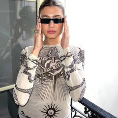 Lunivop Autumn new round neck long-sleeved pullover printed slightly transparent fashion casual women's top