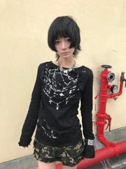 Lunivop Gothic Vintage T-shirt Women Long Sleeve Broken Print Graphic Tops Y2k Japanese 2000s Grunge Tops Streetwear Tee Tops