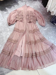 Lunivop Soliod Lace Splice Dresses Women's Round Neck Half Sleeve Single Breasted High Waist Elegant Dress Summer 2025 New