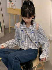 Lunivop Sweet Bow Hollow Out Shirt Women Long Sleeve Lace Patchwork Blouse Korean Cropped Fashion Elegant Female Design Plaid Tops