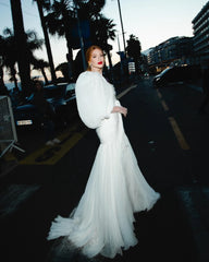 Lunivop High Split Crepe Long A-line Wedding Dress For Women Puff Sleeve Bride Beach Scoop Neck Chiffon Mermaid Bridal Gowns Customized