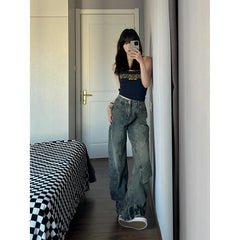 Lunivop Y2K Blue Jeans for Women High Quality High Waist American Street Wide Leg Pants Hip Hop Vintage Straight 2024 Autumn Trousers