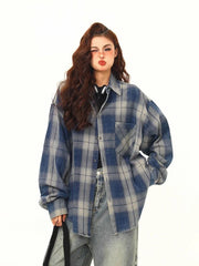 Lunivop Streetwear American Plaid Shirt Women Oversize Loose Vintage Long Sleeve Blouse Hip Hop Casual Retro Harajuku Bf Pockets Tops
