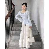 Lunivop Slash Neck Irregular Gray Long Sleeve Bow Camisetas Aesthetic Y2K Elegant Tees Slim Fit Women Knitted Tshirts Korean