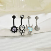 Lunivop 4 Pcs Black Sunflower Heart-Shaped Zircon Frosted Ball Navel Belly Button Ring, Stainless Steel Demon Bull Head Belly Piercing R