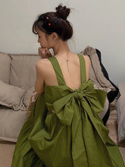 Lunivop Cute Bow Women Dress Elegant Sexy Backless Preppy Style Student Long Dress Korean Fashion Summer Female Strappy Dress New