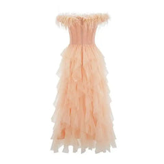 Lunivop Ruffles Edge Strapless Evening Dress Women Slash Neck Fashion Elegant Backless Puffy Dresses Female 2025 Spring New