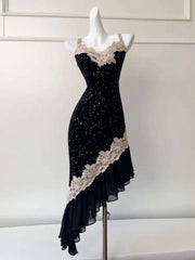 Lunivop 2025 Elegant Hot Silver Women Dress Patchwork Lace Suspender Dress With Slim Fit And Irregular Hem Dresses Female