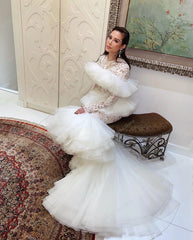 Lunivop Luxury Lace Korea Mermaid Wedding Dresses Lace Beading Ruffles Tulle Bridal Gown Photos Shoot Long Sleeve Bride Dress