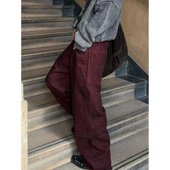 Lunivop Vintage Women Burgundy Jeans High Waist Y2K Designed American Style Streetwear Denim Pants Casual Female 90S Trousers