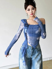 Lunivop 3D Floral Tie Dye T Shirts Women Sexy Off Shoulder Slim Y2K Tops Retro Streetwear Female Long Sleeve American Cropped Tees